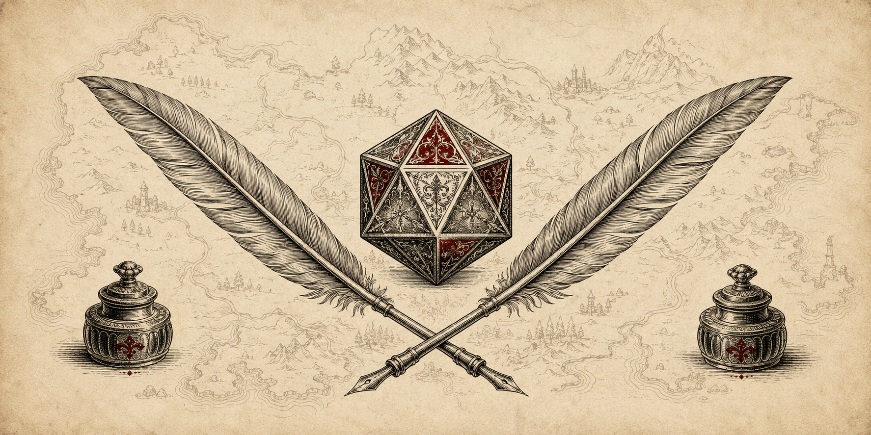 Engraving of crossed quills, a twenty-sided die, inkpots, and a fantasy map